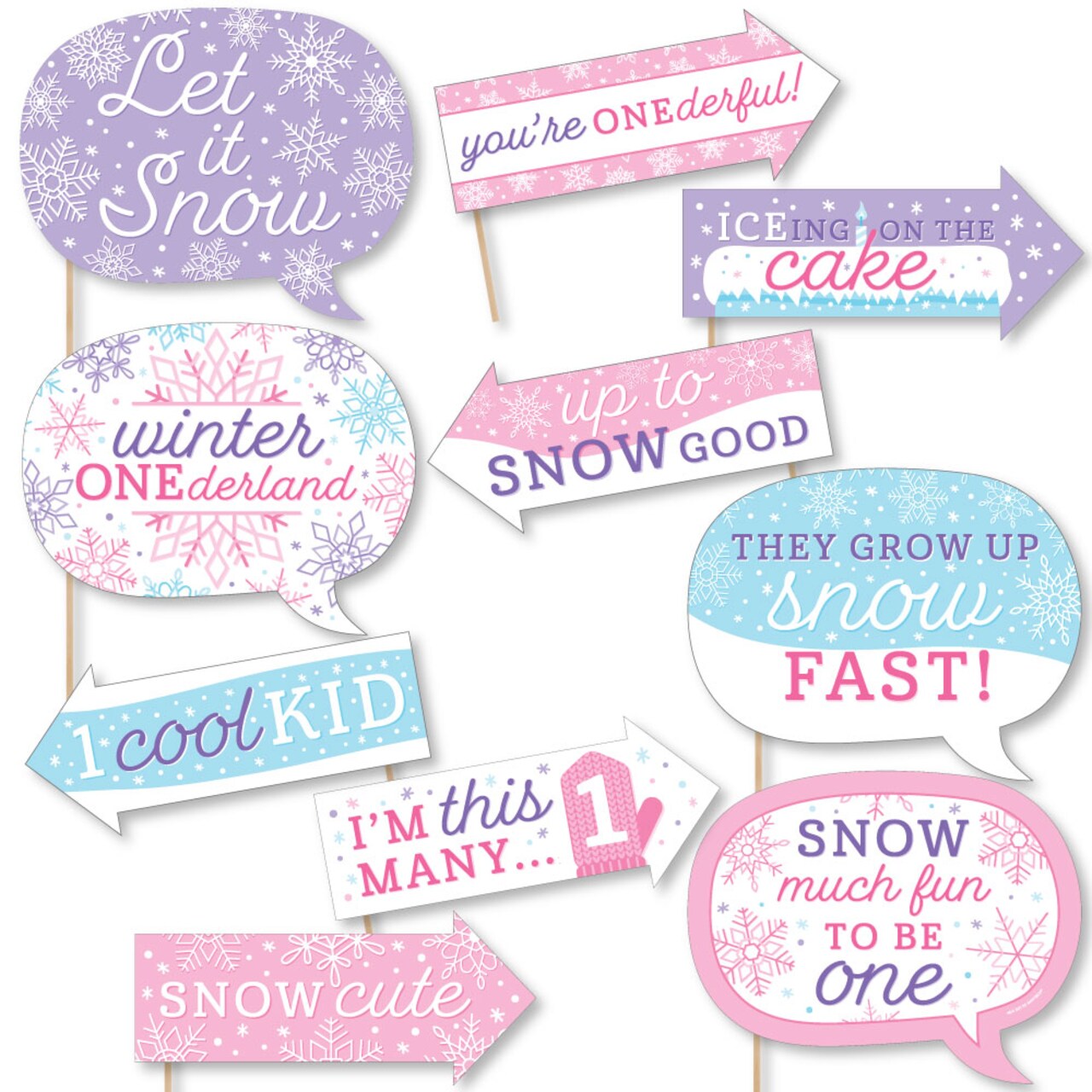 Big Dot of Happiness Funny Pink Snowflakes 1st Birthday - Girl Winter ONEderland Party Photo Booth Props Kit - 10 Piece
